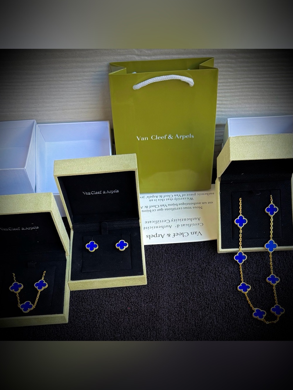 Van Cleef & Arpels Gold and Blue Agate Vintage Alhambra Set ***NEW***